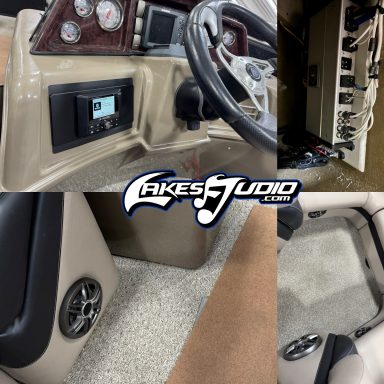 Premier Pontoon Interior of a boat featuring audio equipment, steering wheel, and clean flooring.