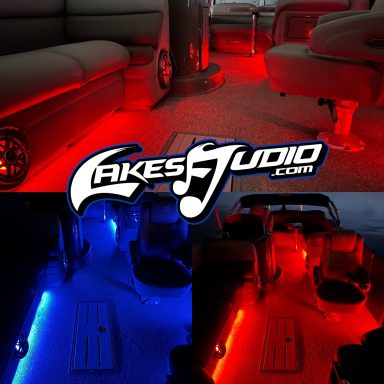 Premier Pontoon Interior of a boat with red and blue ambient lighting and branding for Cakes Audio.
