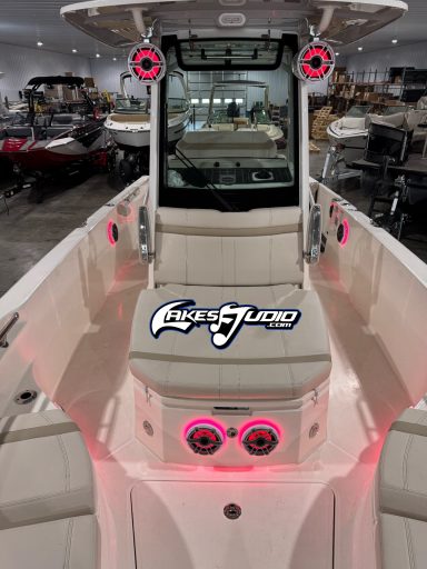 Boston Whaler White boat interior with a central console, pink accents, and a logo.