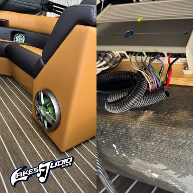 Premier Pontoon Close-up of a boat interior showing seating and exposed wiring.