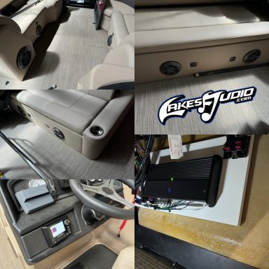 Bentley Pontoon Interior view of a vehicle showing the dashboard, seats, and audio system.