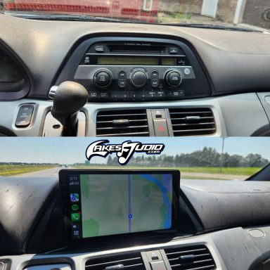 2008 Honda Odyssey Comparative view of a car dashboard, featuring an old audio system and a modern navigation display.